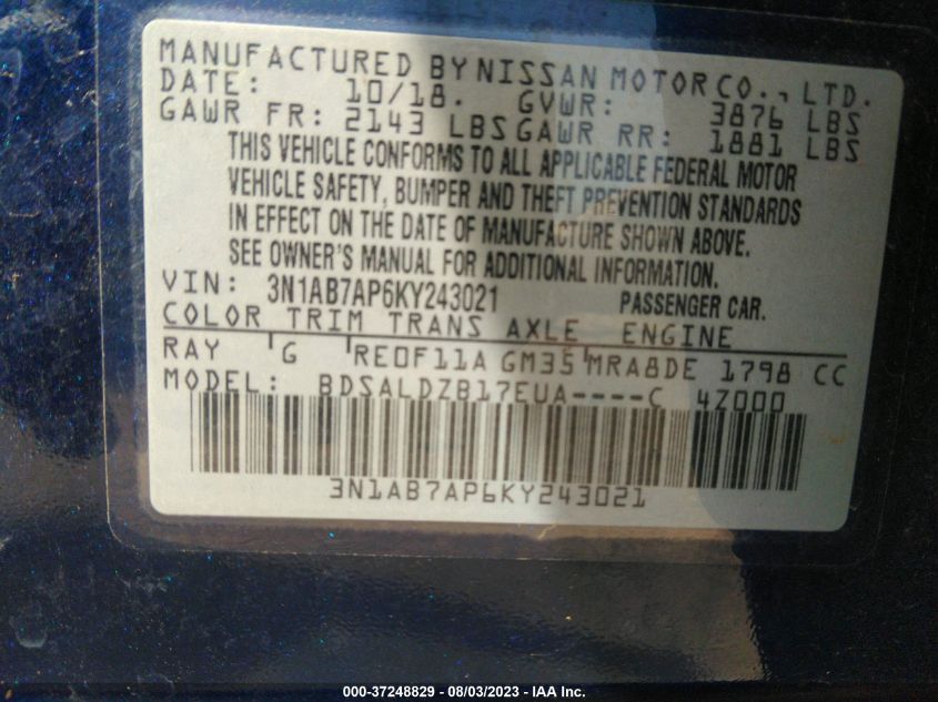 Photo 8 VIN: 3N1AB7AP6KY243021 - NISSAN SENTRA 