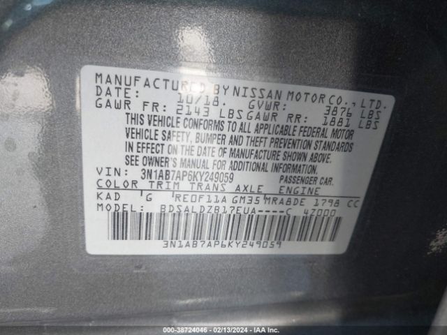 Photo 8 VIN: 3N1AB7AP6KY249059 - NISSAN SENTRA 