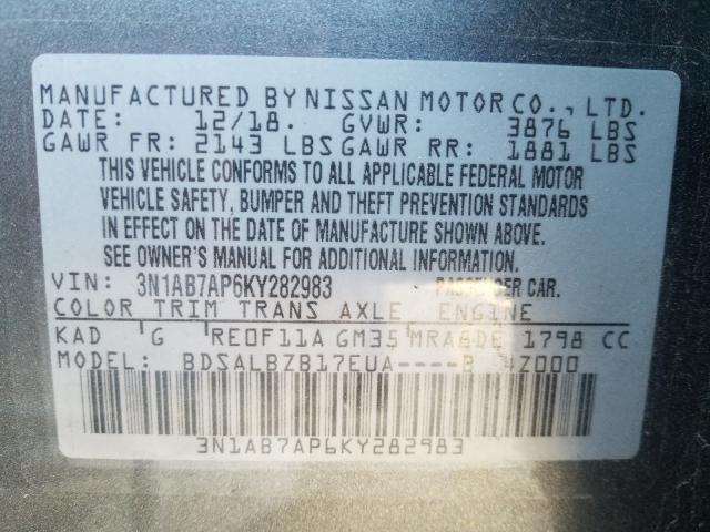 Photo 9 VIN: 3N1AB7AP6KY282983 - NISSAN SENTRA S 