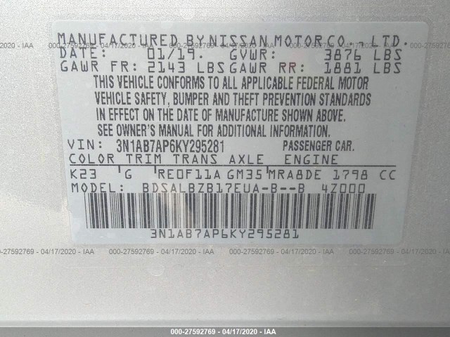 Photo 8 VIN: 3N1AB7AP6KY295281 - NISSAN SENTRA 