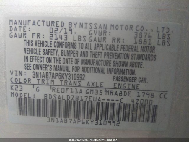 Photo 8 VIN: 3N1AB7AP6KY310992 - NISSAN SENTRA 