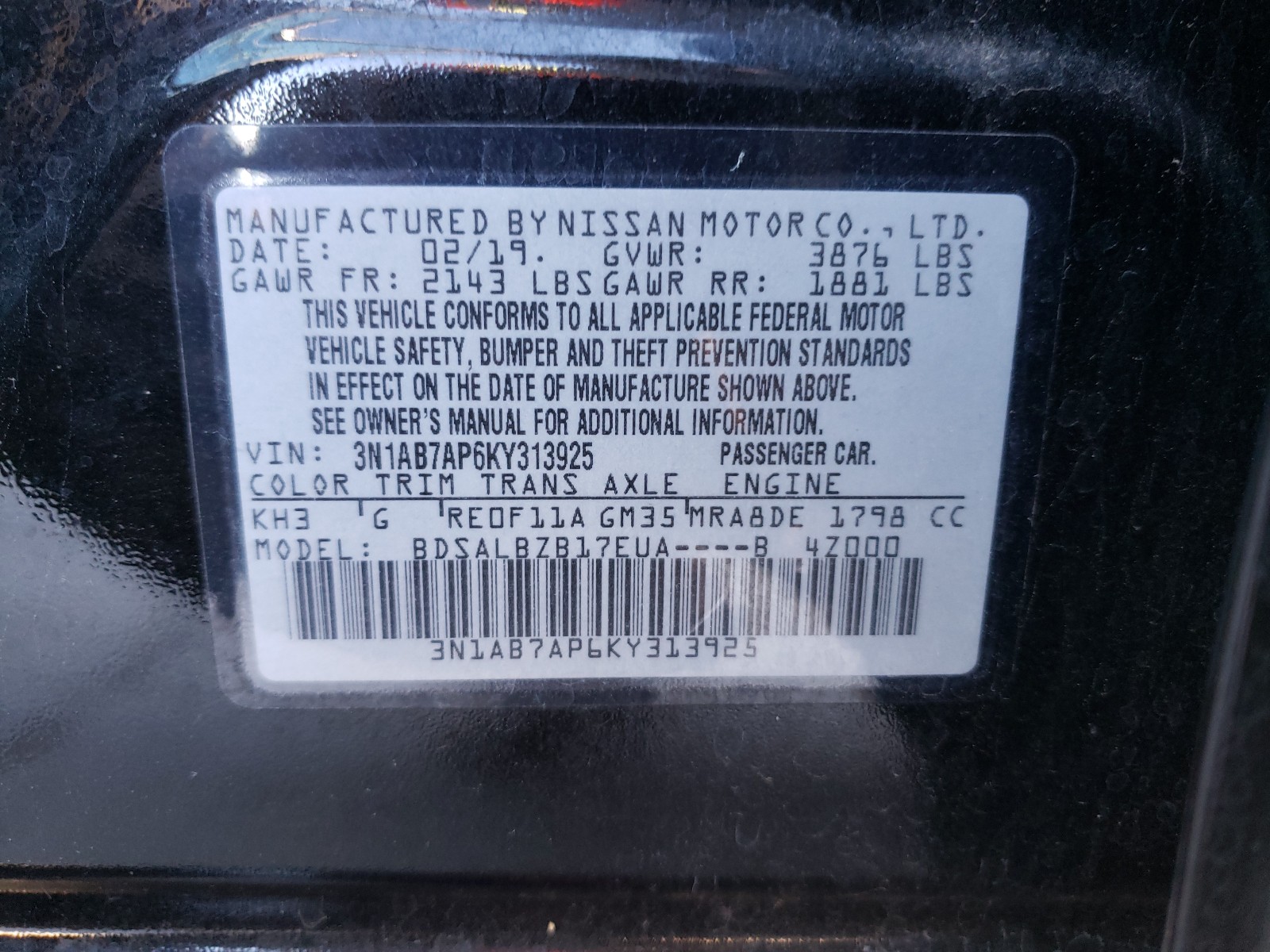 Photo 9 VIN: 3N1AB7AP6KY313925 - NISSAN SENTRA S 