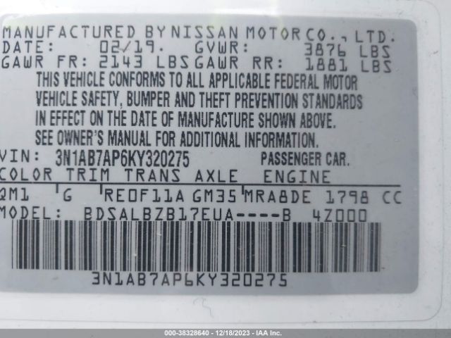 Photo 8 VIN: 3N1AB7AP6KY320275 - NISSAN SENTRA 