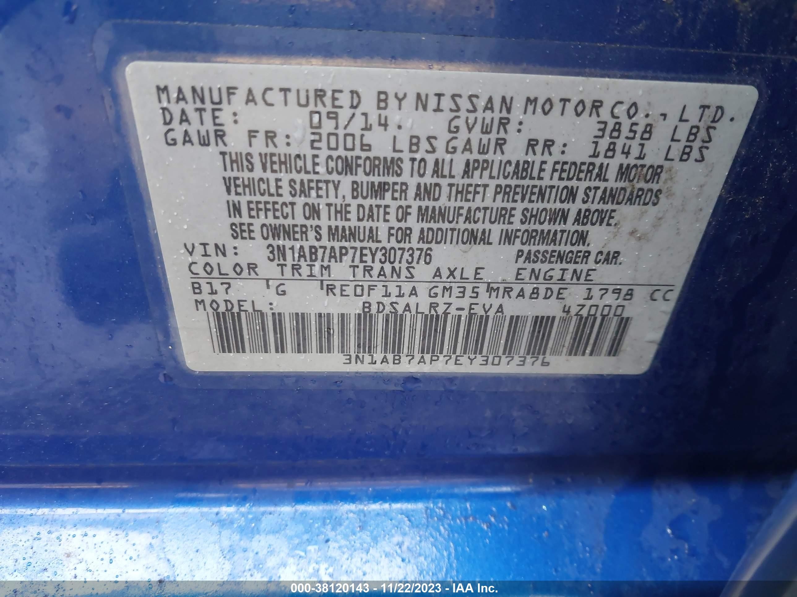 Photo 8 VIN: 3N1AB7AP7EY307376 - NISSAN SENTRA 