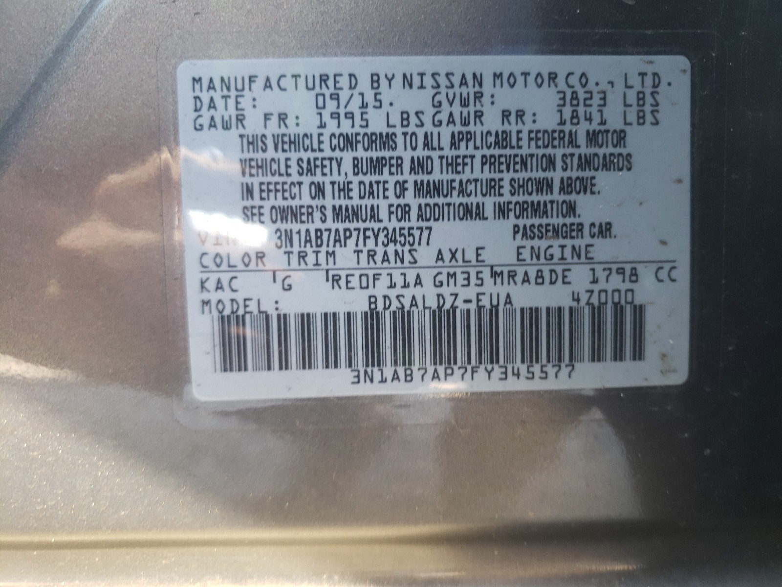 Photo 9 VIN: 3N1AB7AP7FY345577 - NISSAN SENTRA S 