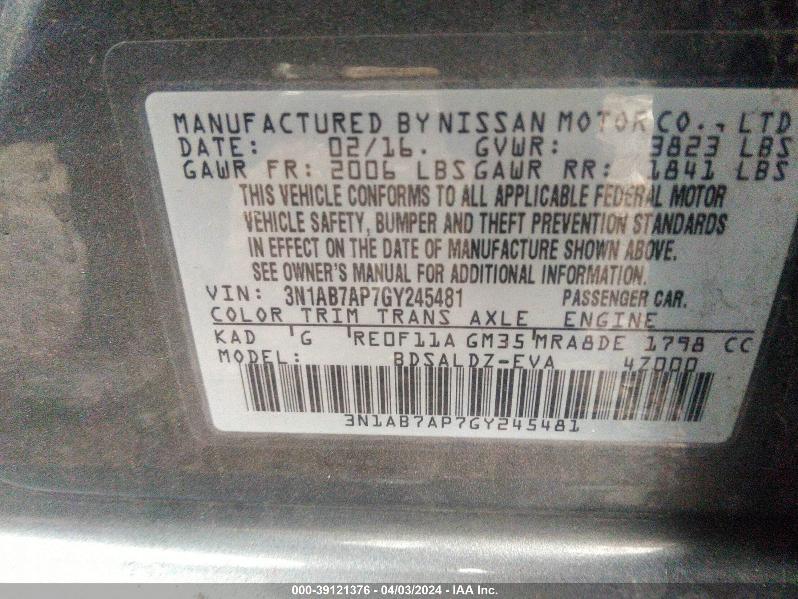 Photo 8 VIN: 3N1AB7AP7GY245481 - NISSAN SENTRA 