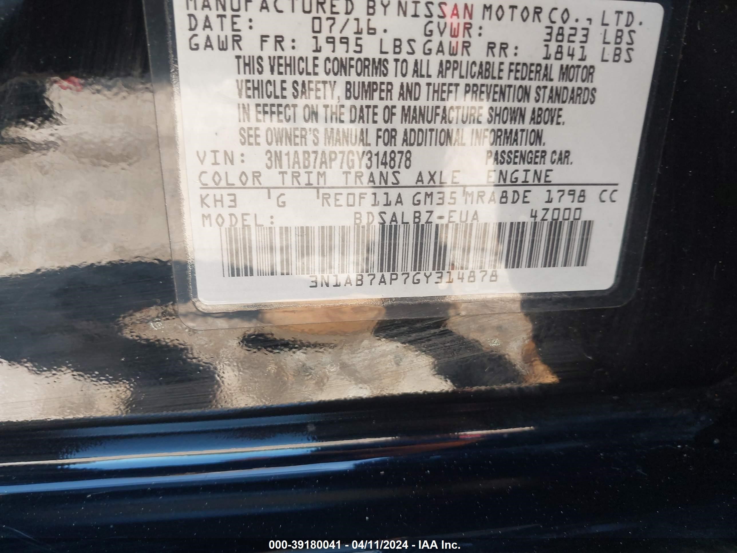 Photo 8 VIN: 3N1AB7AP7GY314878 - NISSAN SENTRA 