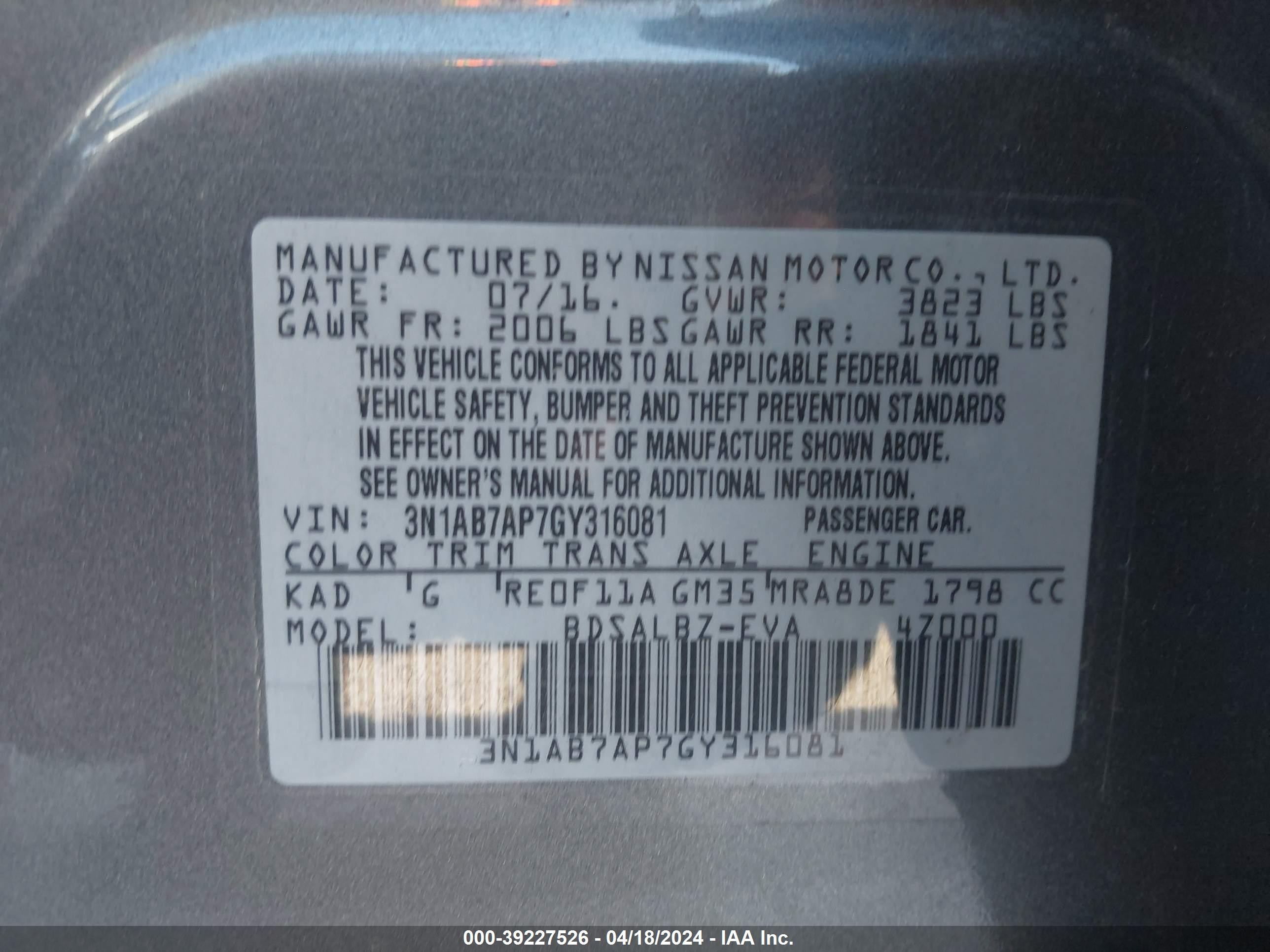 Photo 8 VIN: 3N1AB7AP7GY316081 - NISSAN SENTRA 