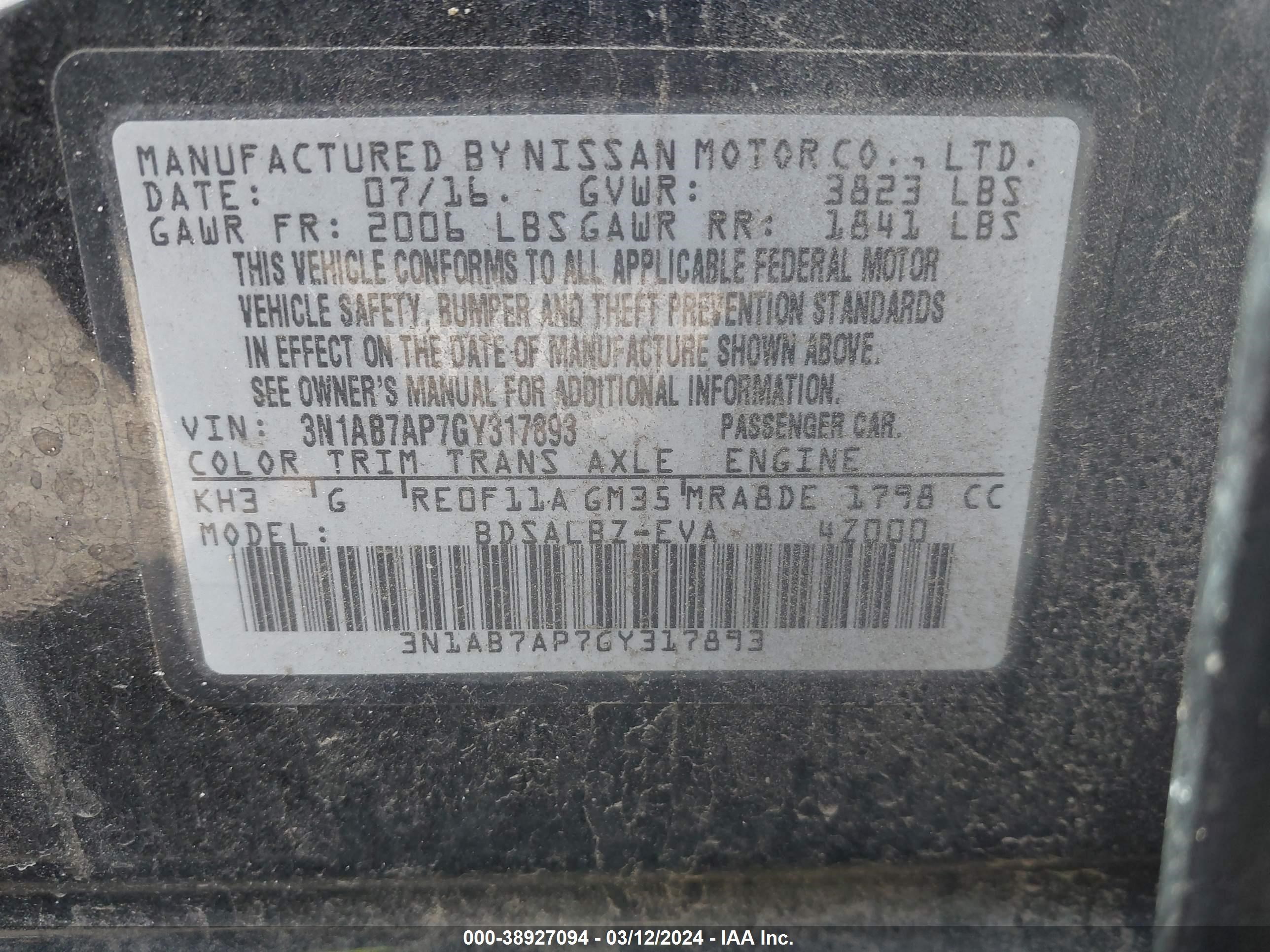 Photo 8 VIN: 3N1AB7AP7GY317893 - NISSAN SENTRA 