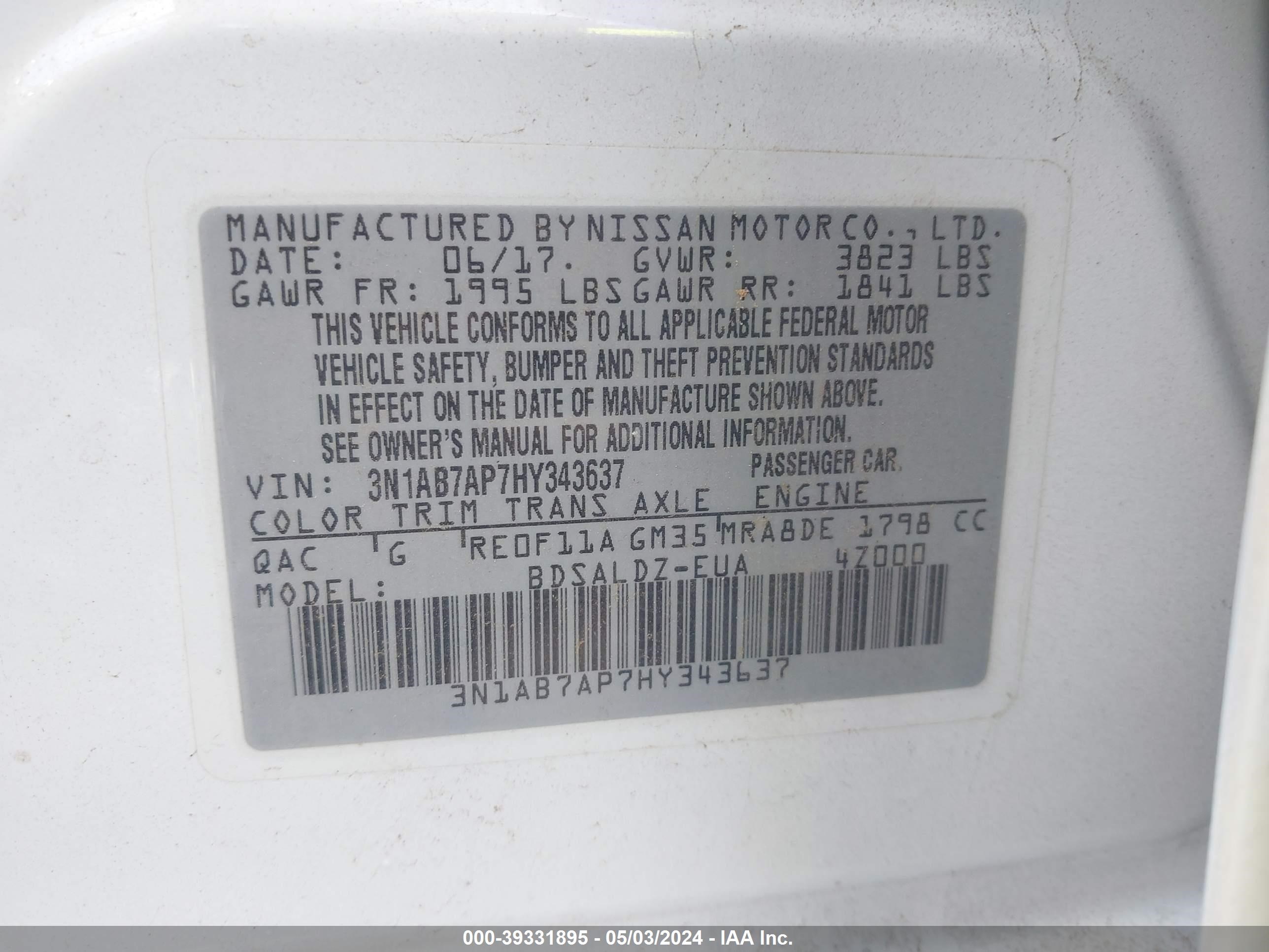 Photo 8 VIN: 3N1AB7AP7HY343637 - NISSAN SENTRA 