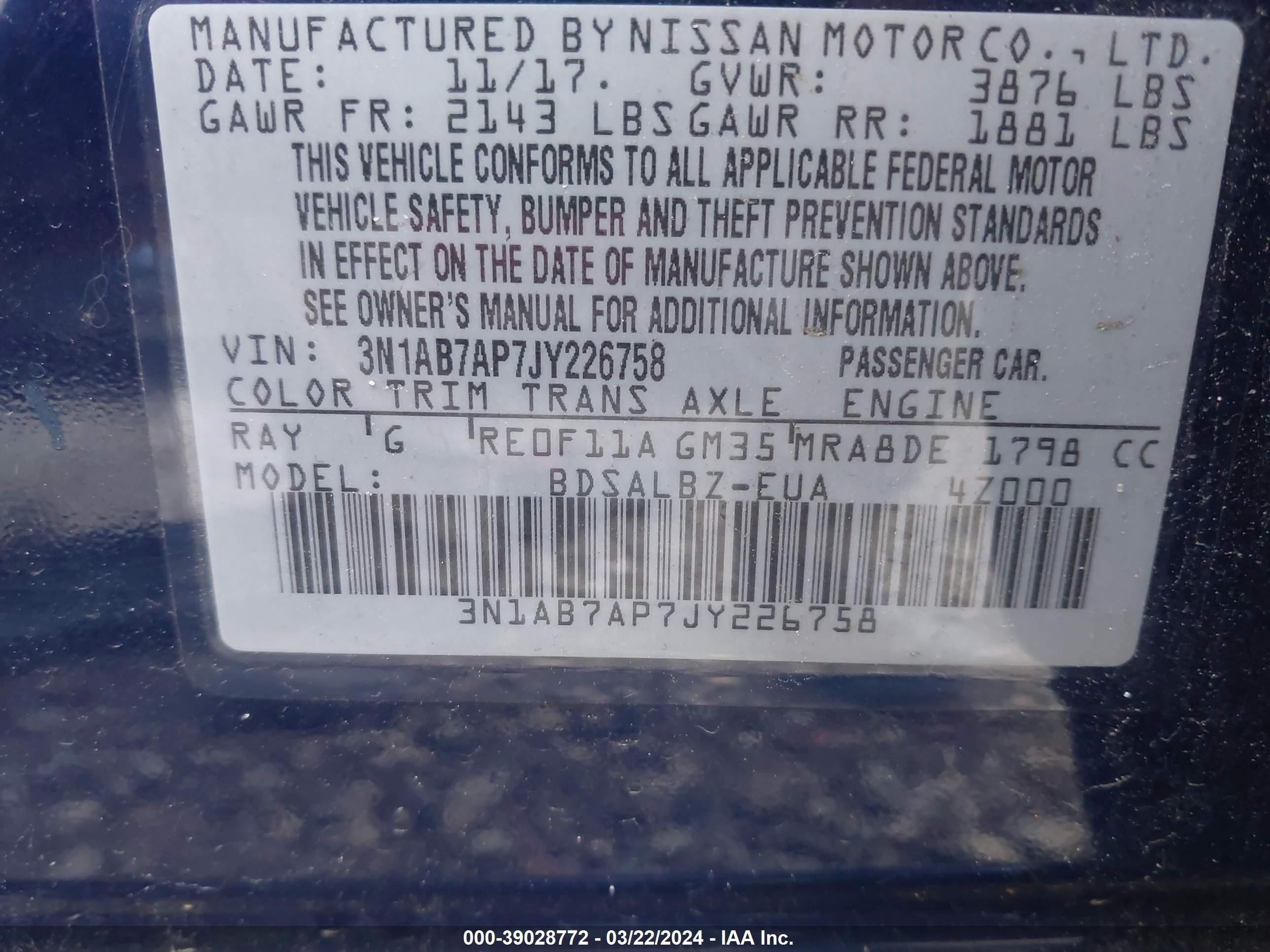 Photo 8 VIN: 3N1AB7AP7JY226758 - NISSAN SENTRA 