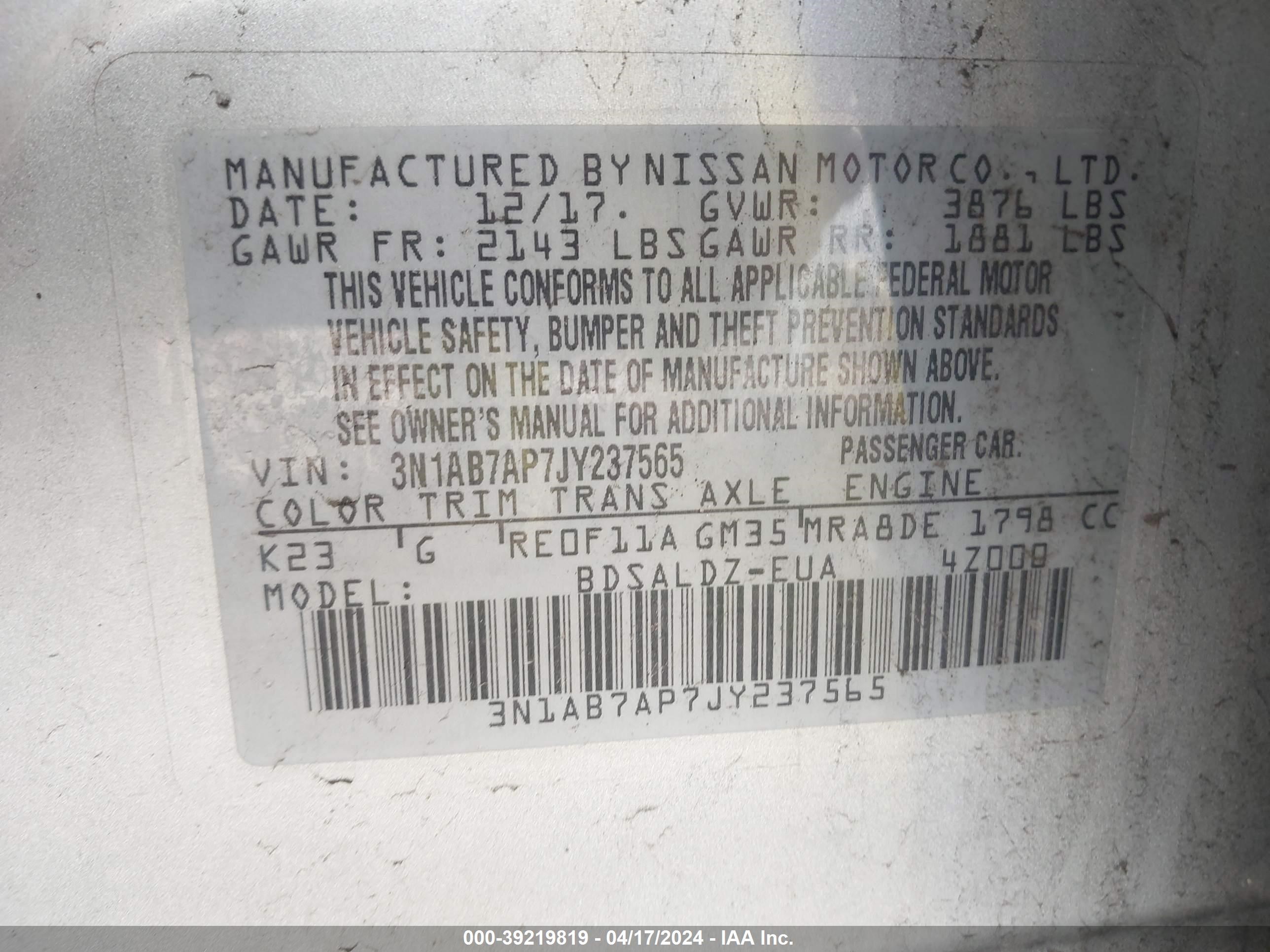 Photo 8 VIN: 3N1AB7AP7JY237565 - NISSAN SENTRA 