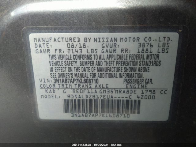 Photo 8 VIN: 3N1AB7AP7KL608710 - NISSAN SENTRA 