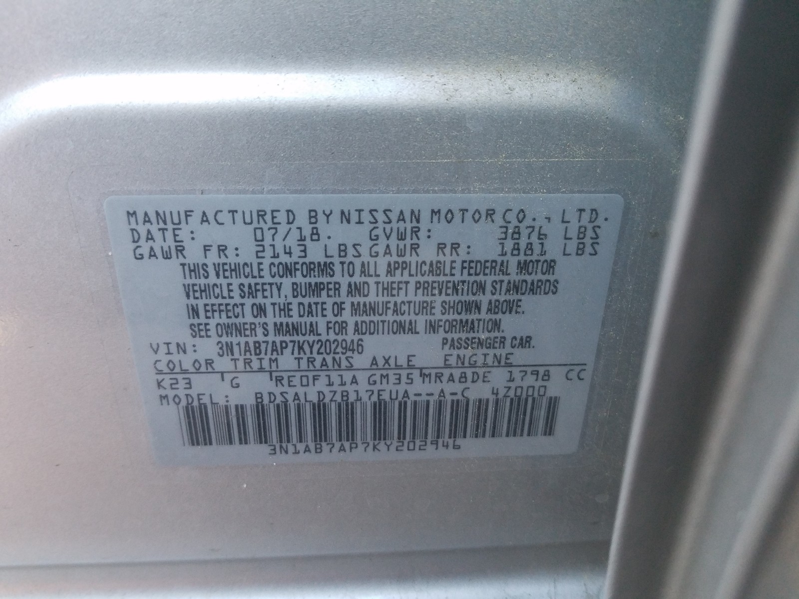 Photo 9 VIN: 3N1AB7AP7KY202946 - NISSAN SENTRA S 