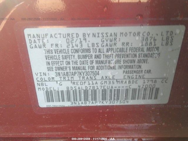 Photo 8 VIN: 3N1AB7AP7KY307504 - NISSAN SENTRA 