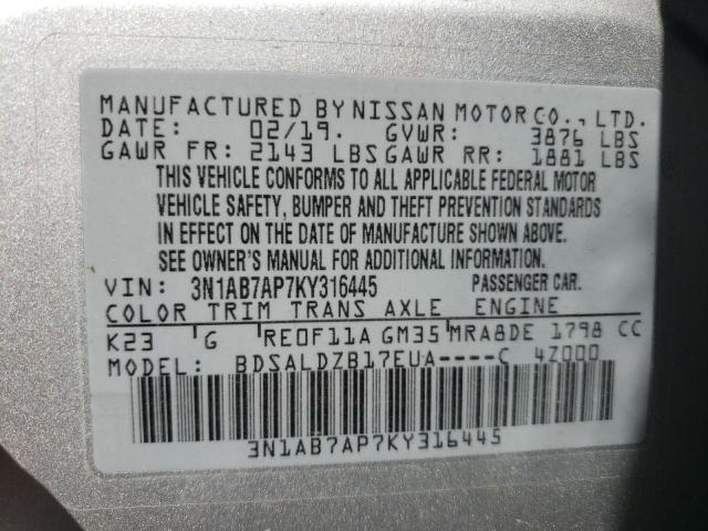 Photo 9 VIN: 3N1AB7AP7KY316445 - NISSAN SENTRA SV 