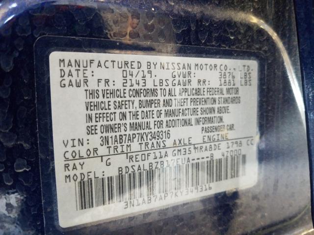 Photo 9 VIN: 3N1AB7AP7KY349316 - NISSAN SENTRA S 