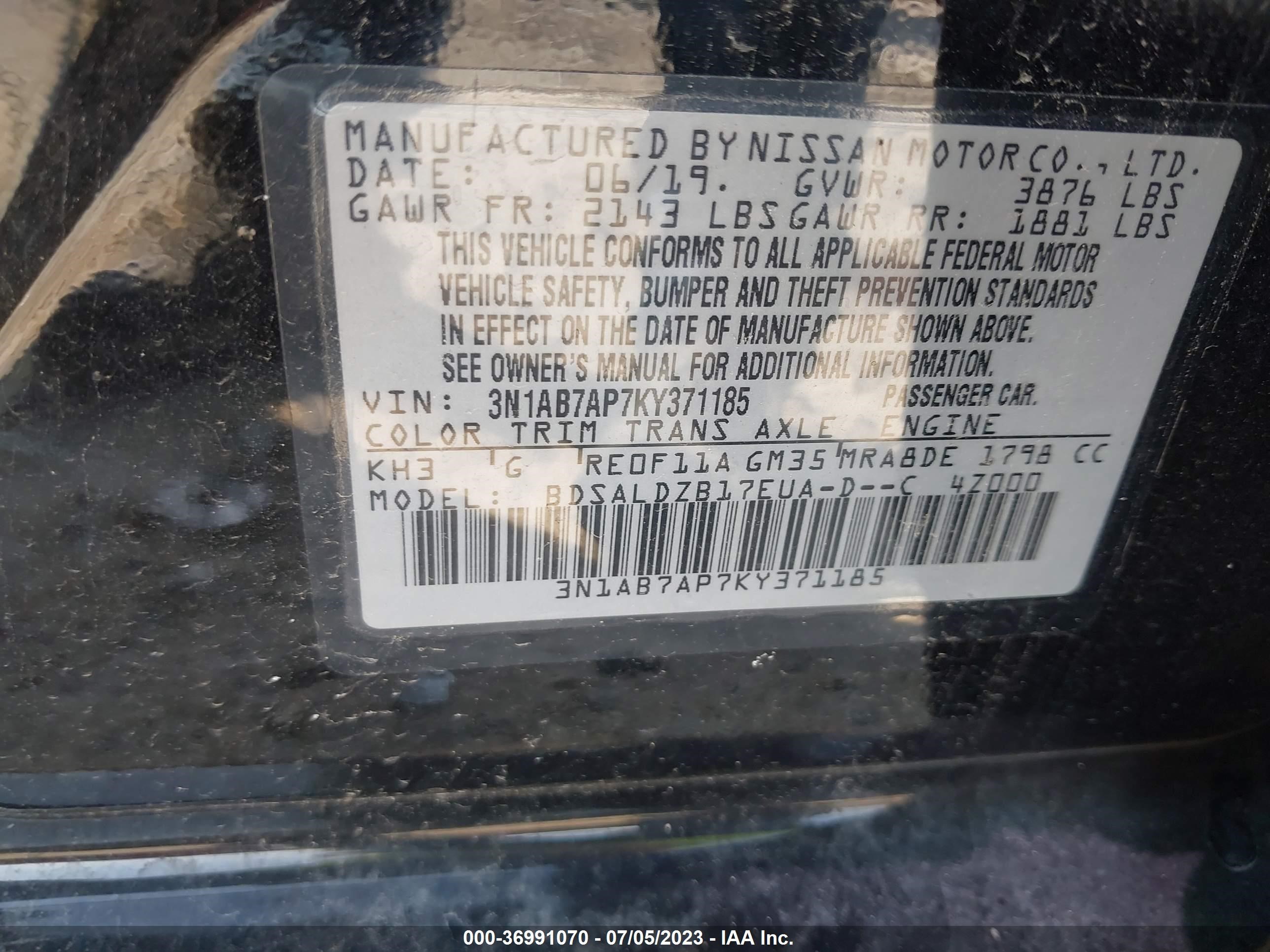 Photo 8 VIN: 3N1AB7AP7KY371185 - NISSAN SENTRA 