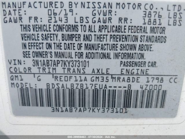 Photo 8 VIN: 3N1AB7AP7KY373101 - NISSAN SENTRA 