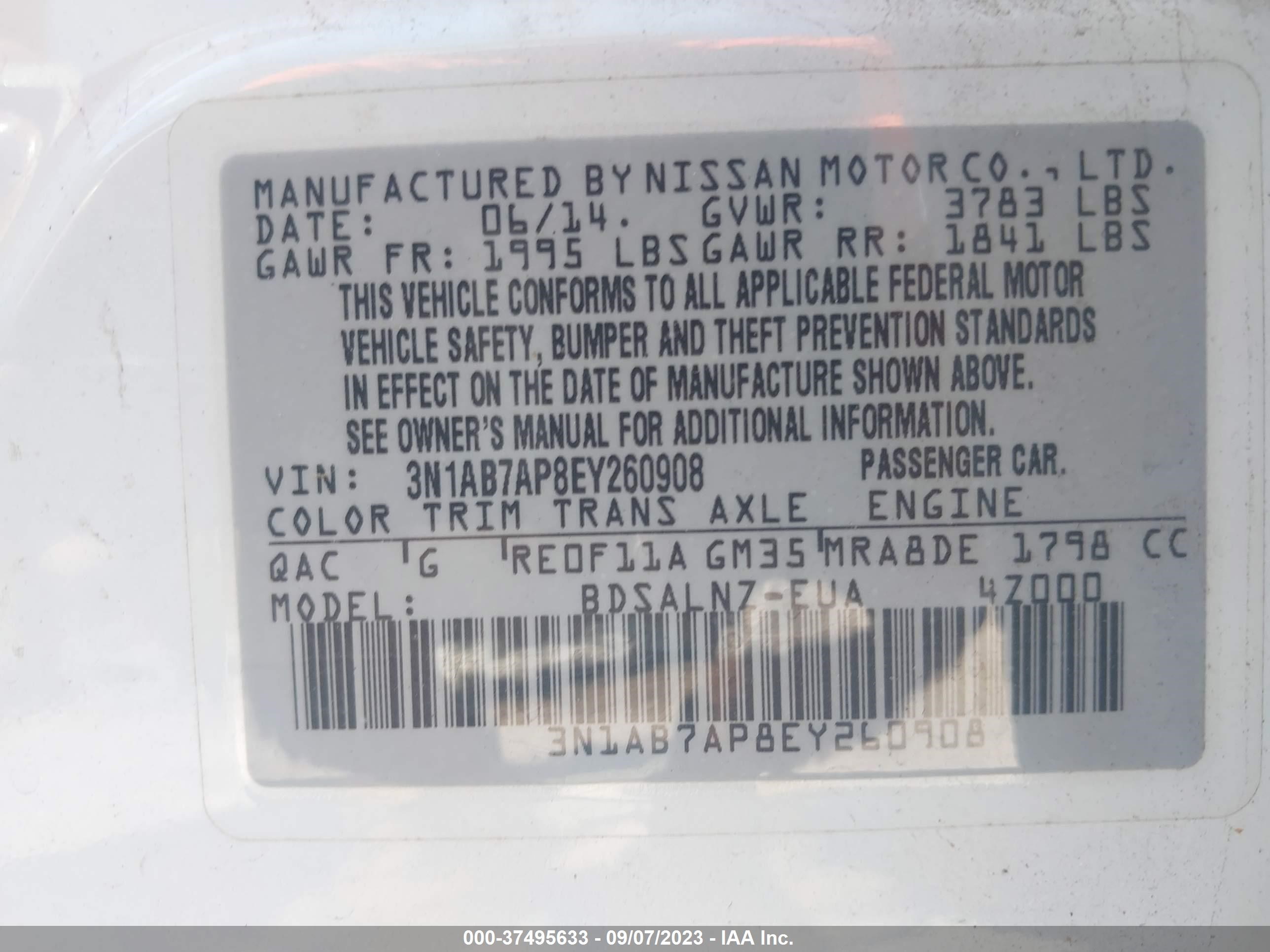 Photo 8 VIN: 3N1AB7AP8EY260908 - NISSAN SENTRA 