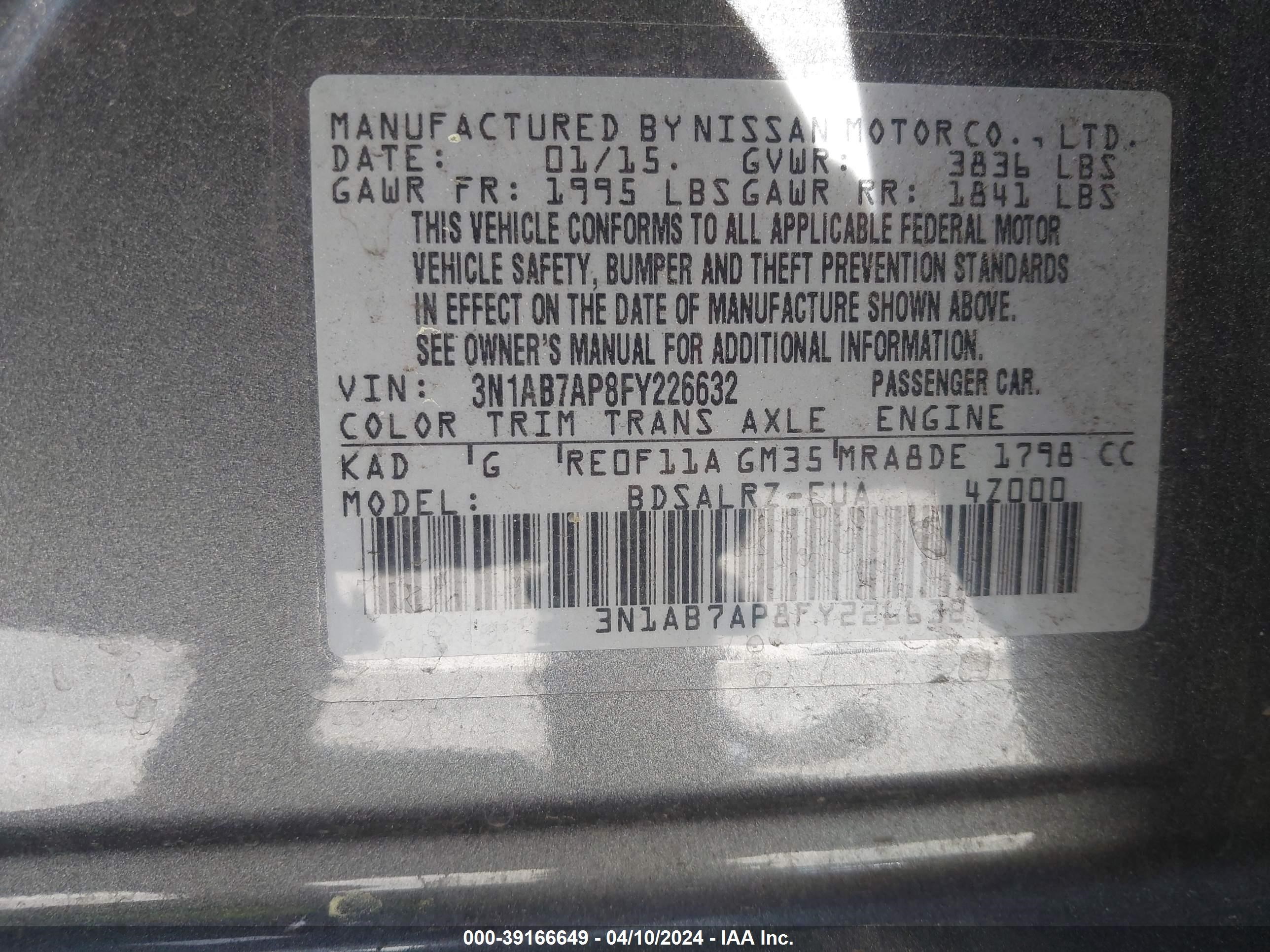 Photo 8 VIN: 3N1AB7AP8FY226632 - NISSAN SENTRA 