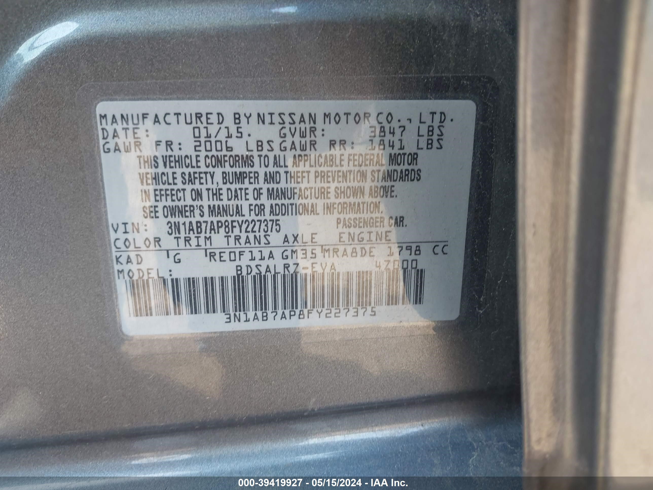 Photo 8 VIN: 3N1AB7AP8FY227375 - NISSAN SENTRA 