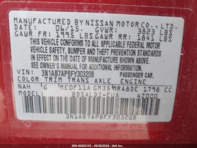 Photo 8 VIN: 3N1AB7AP8FY303208 - NISSAN SENTRA 