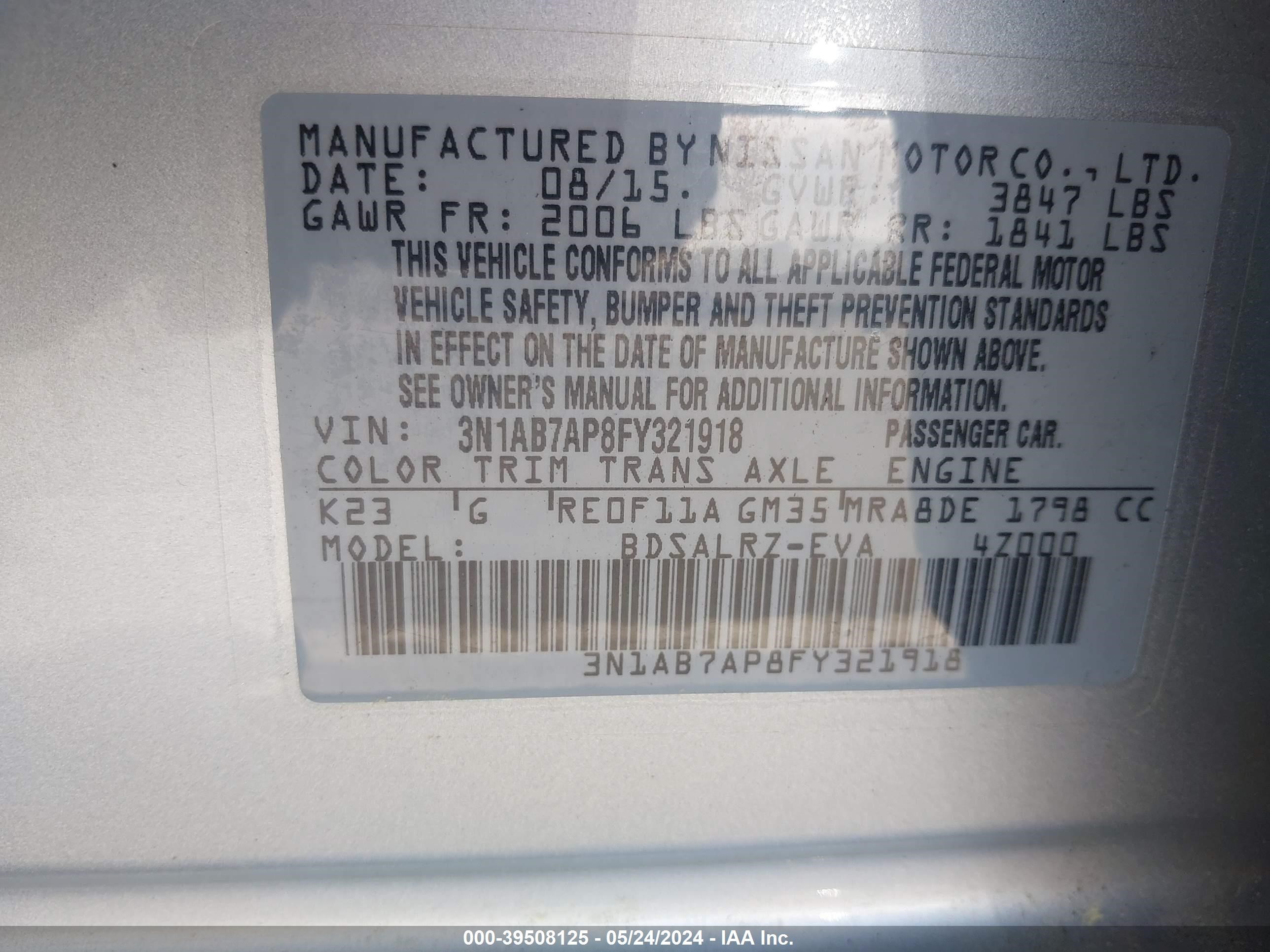 Photo 8 VIN: 3N1AB7AP8FY321918 - NISSAN SENTRA 