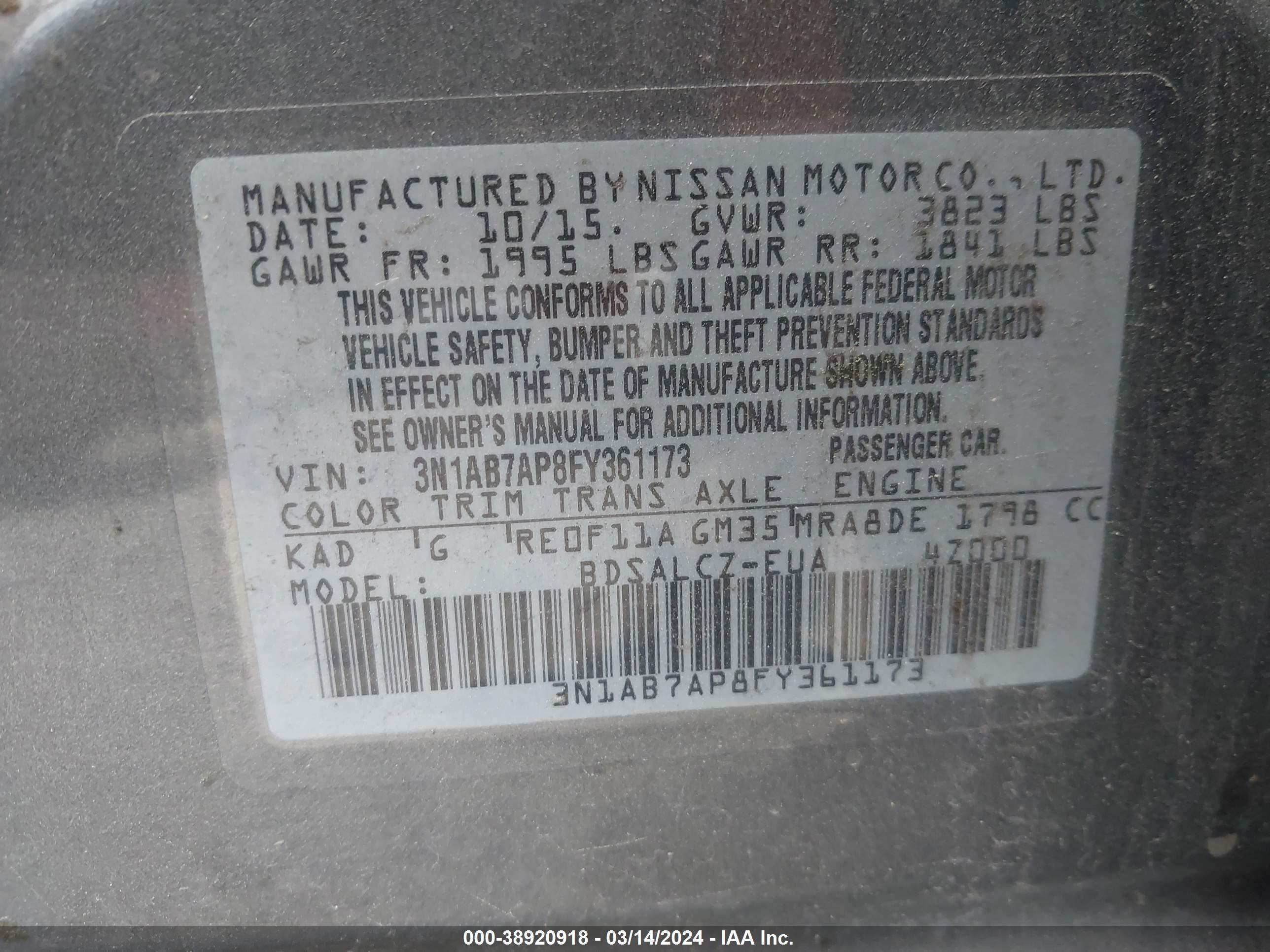 Photo 8 VIN: 3N1AB7AP8FY361173 - NISSAN SENTRA 