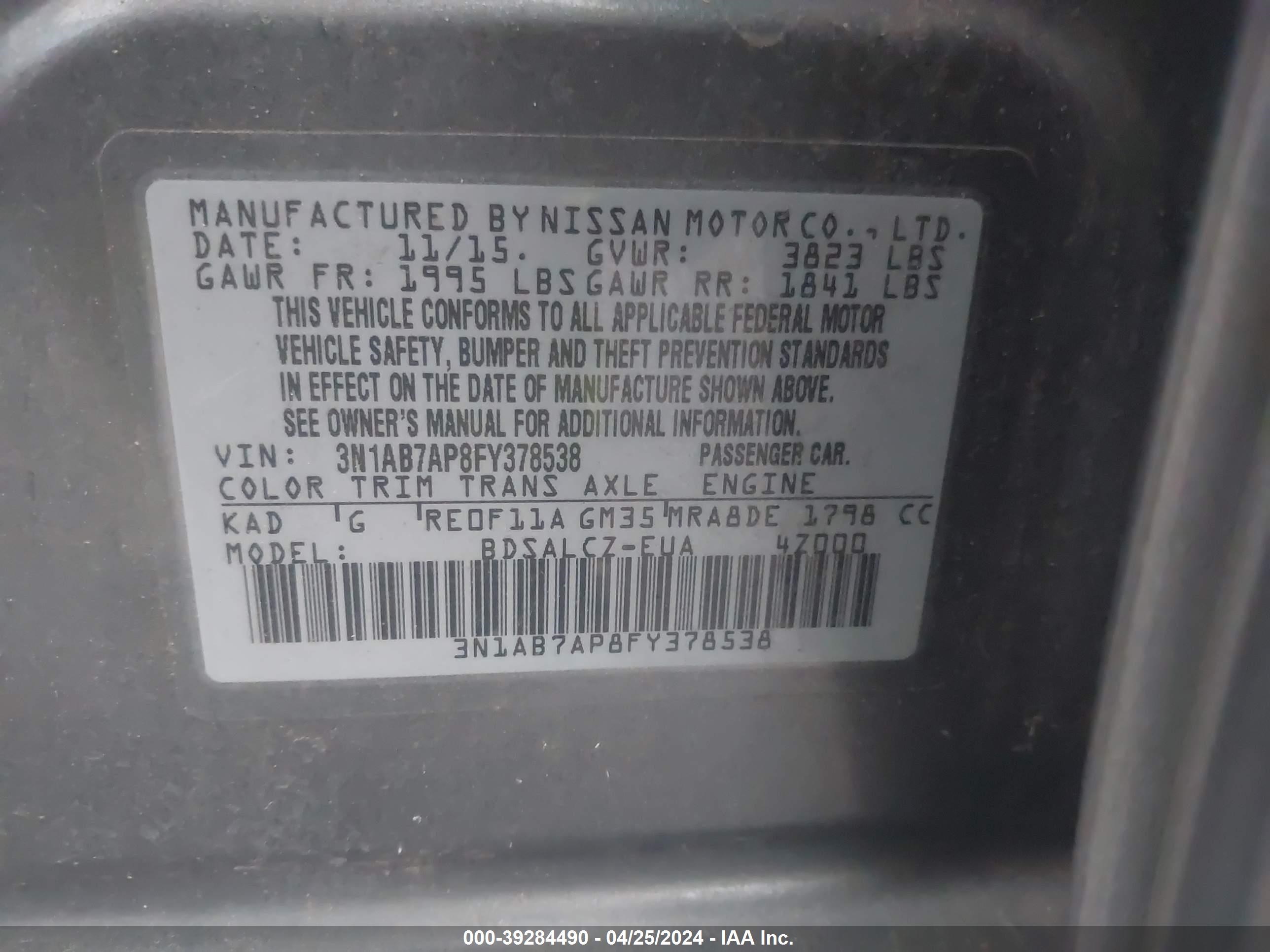 Photo 8 VIN: 3N1AB7AP8FY378538 - NISSAN SENTRA 