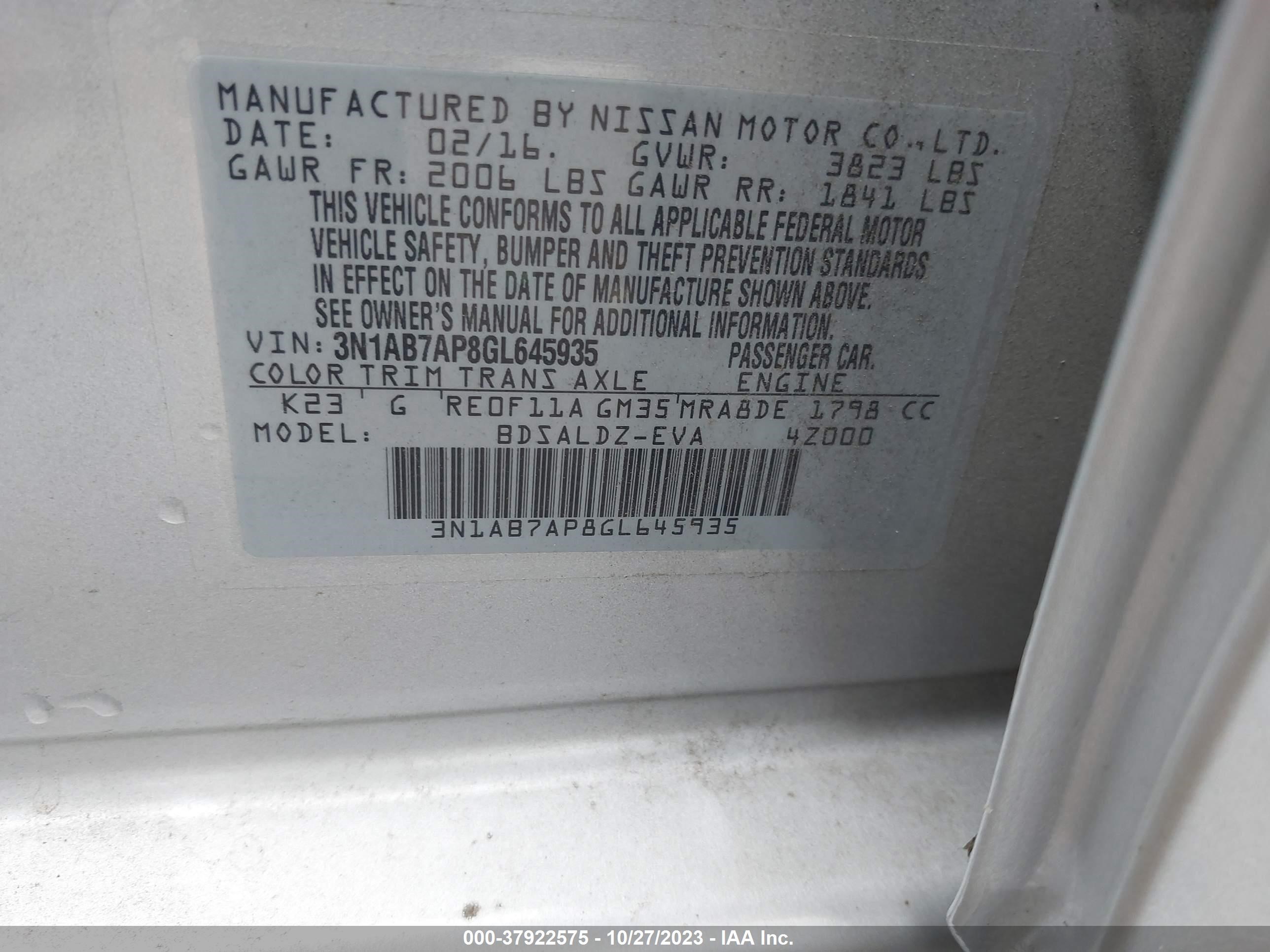 Photo 8 VIN: 3N1AB7AP8GL645935 - NISSAN SENTRA 