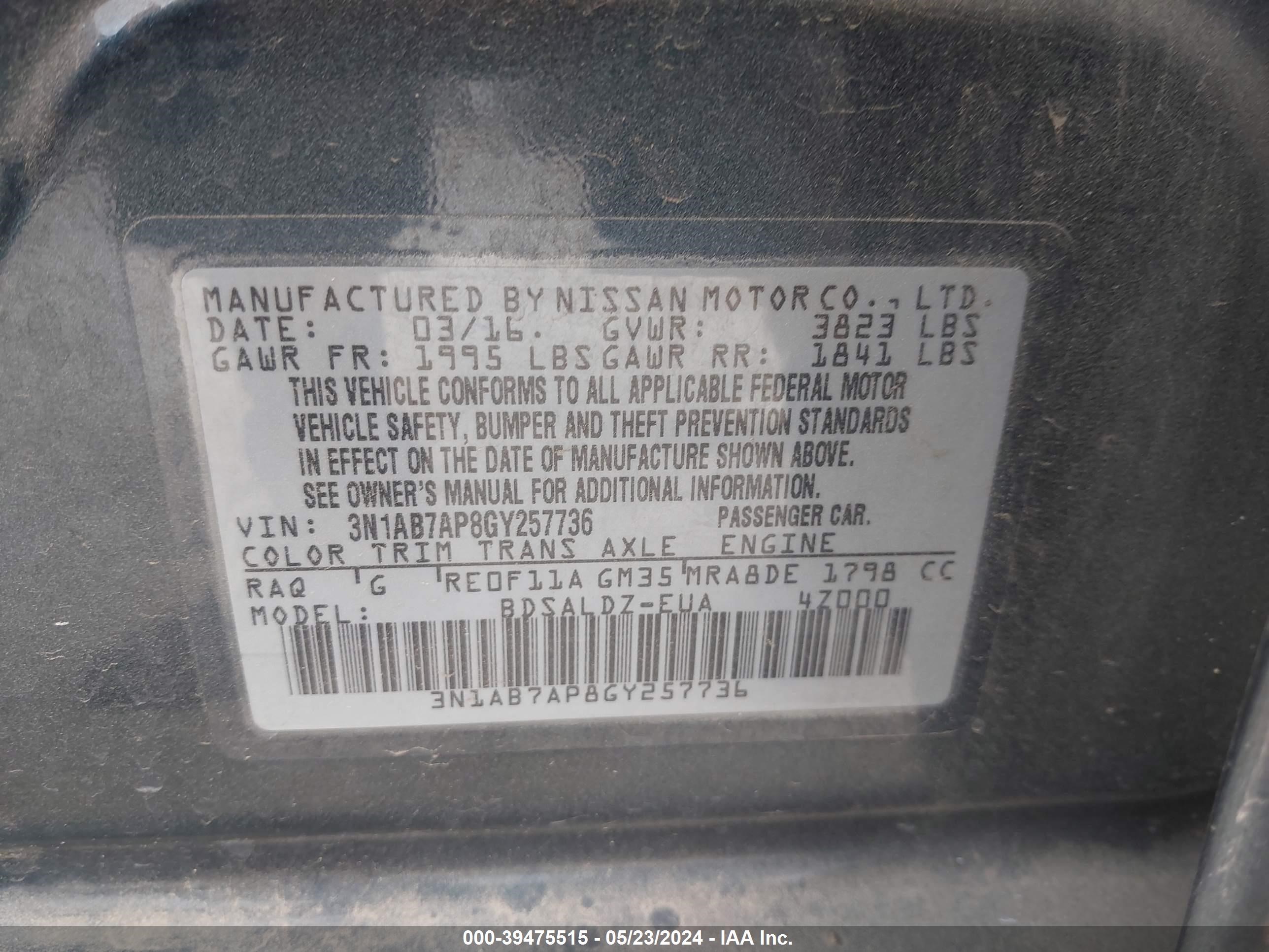 Photo 8 VIN: 3N1AB7AP8GY257736 - NISSAN SENTRA 