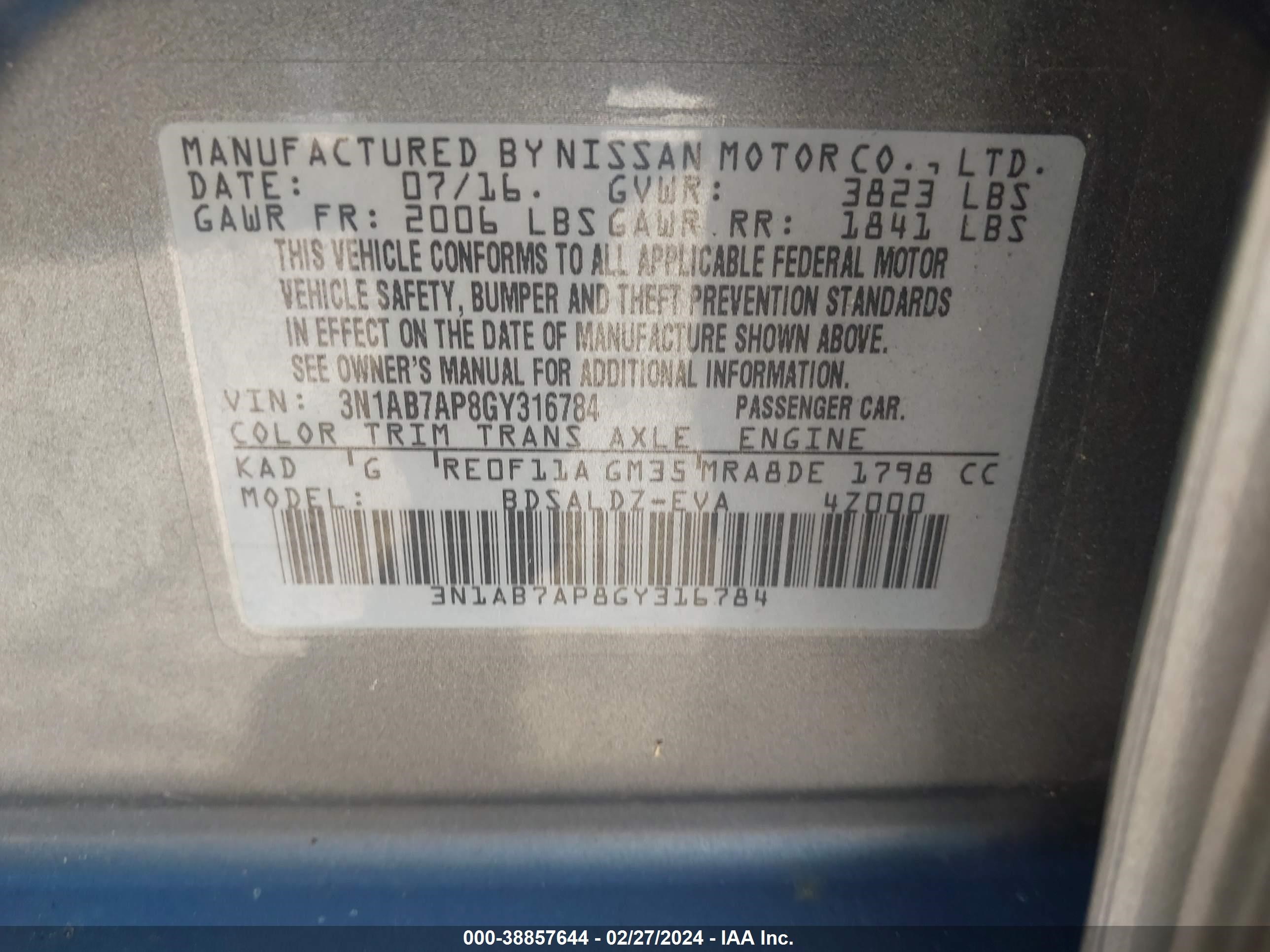 Photo 8 VIN: 3N1AB7AP8GY316784 - NISSAN SENTRA 