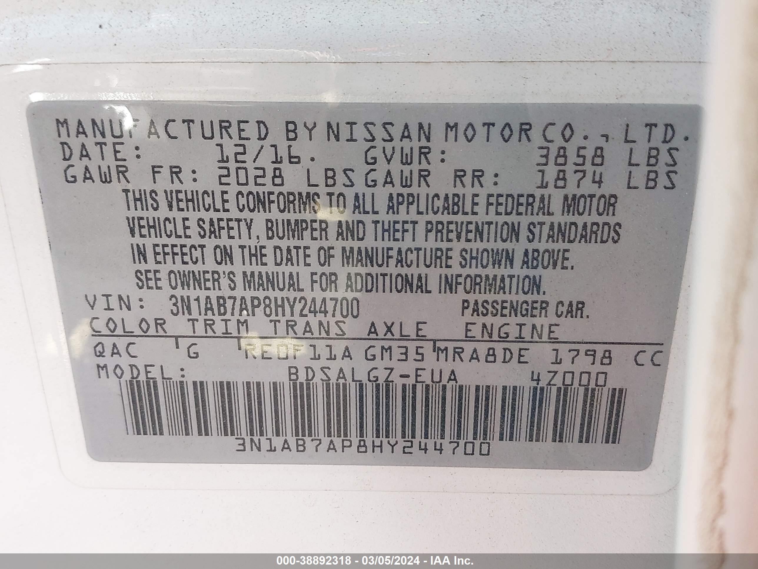 Photo 8 VIN: 3N1AB7AP8HY244700 - NISSAN SENTRA 