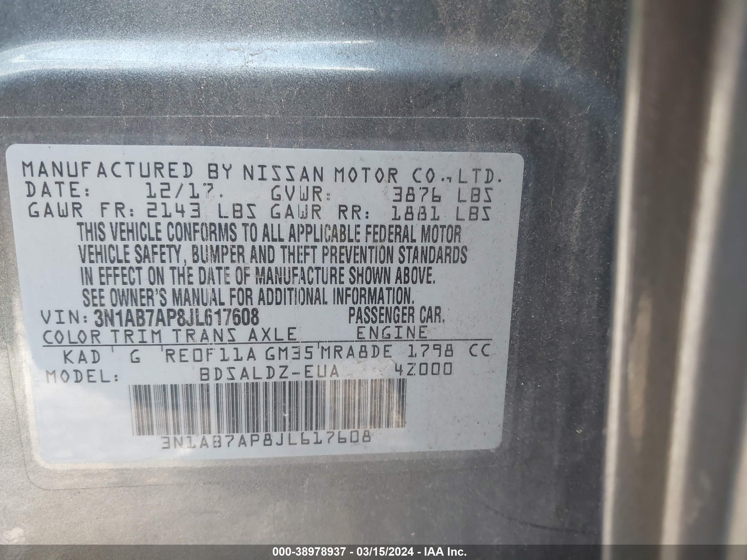 Photo 8 VIN: 3N1AB7AP8JL617608 - NISSAN SENTRA 