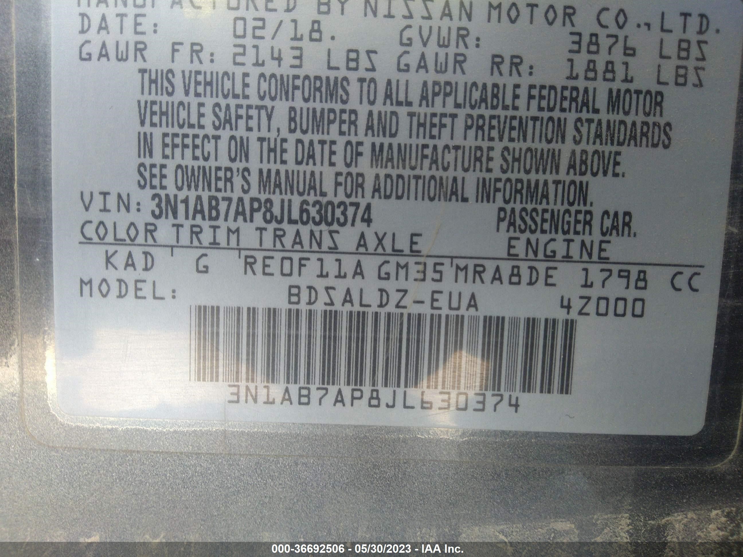 Photo 8 VIN: 3N1AB7AP8JL630374 - NISSAN SENTRA 