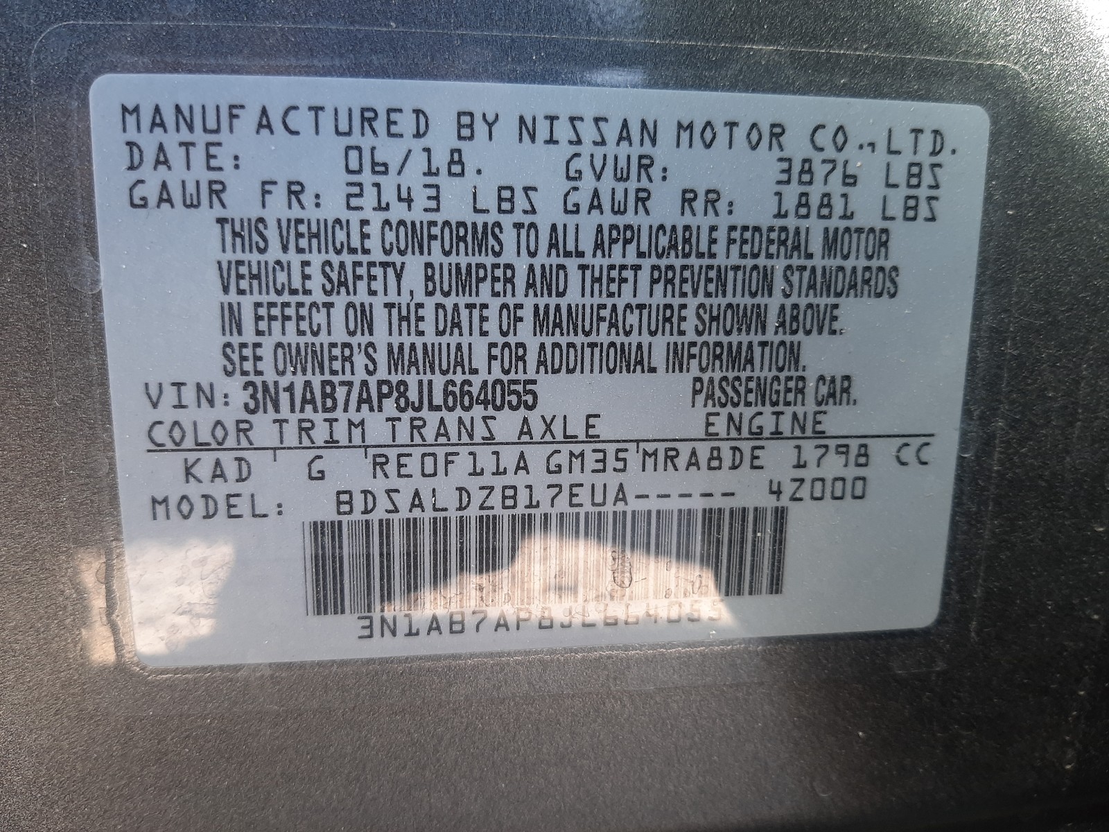 Photo 9 VIN: 3N1AB7AP8JL664055 - NISSAN SENTRA S 