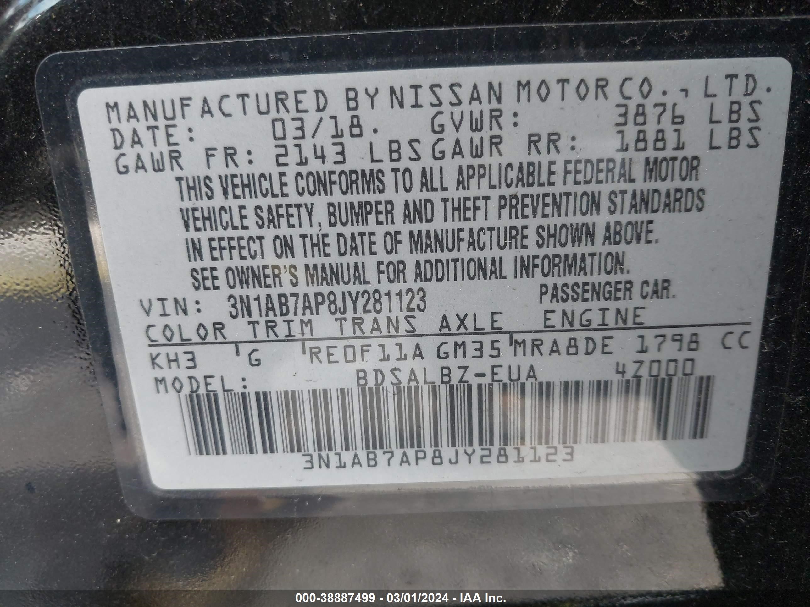 Photo 8 VIN: 3N1AB7AP8JY281123 - NISSAN SENTRA 