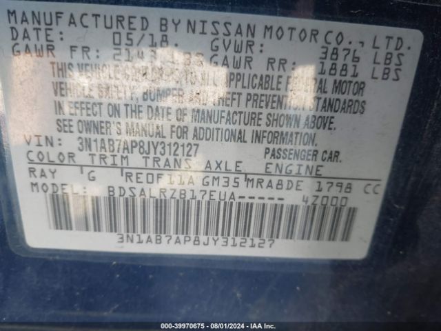 Photo 8 VIN: 3N1AB7AP8JY312127 - NISSAN SENTRA 