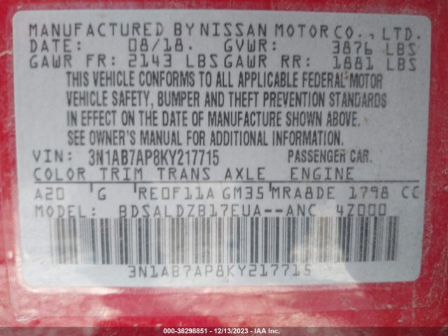 Photo 8 VIN: 3N1AB7AP8KY217715 - NISSAN SENTRA 