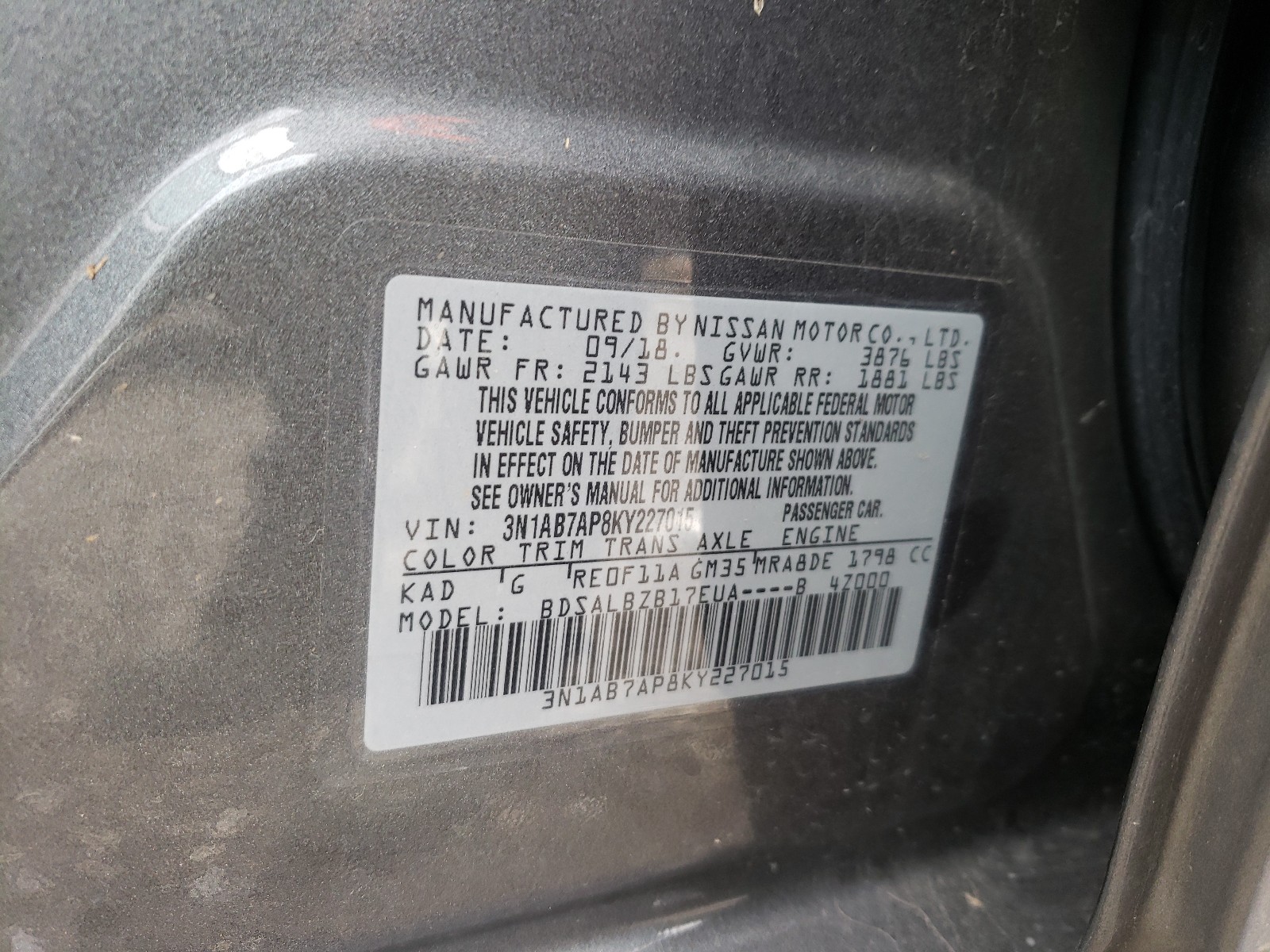 Photo 9 VIN: 3N1AB7AP8KY227015 - NISSAN SENTRA S 