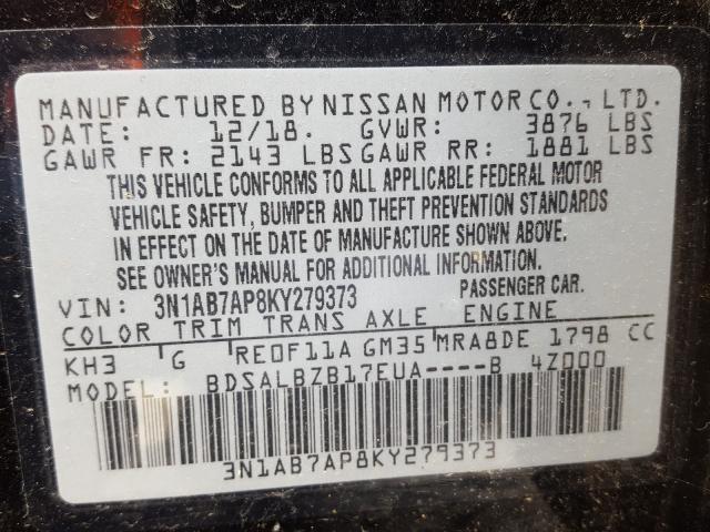 Photo 9 VIN: 3N1AB7AP8KY279373 - NISSAN SENTRA S 