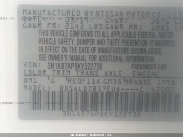 Photo 8 VIN: 3N1AB7AP8KY322738 - NISSAN SENTRA 