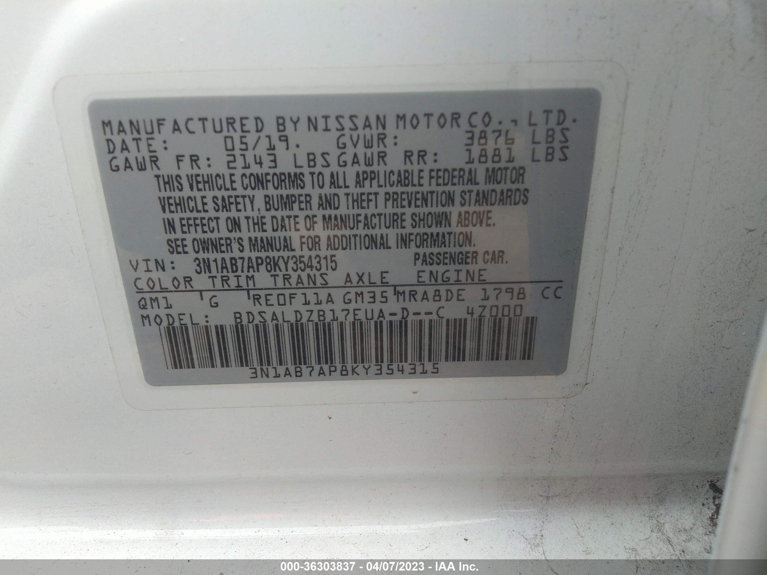 Photo 8 VIN: 3N1AB7AP8KY354315 - NISSAN SENTRA 