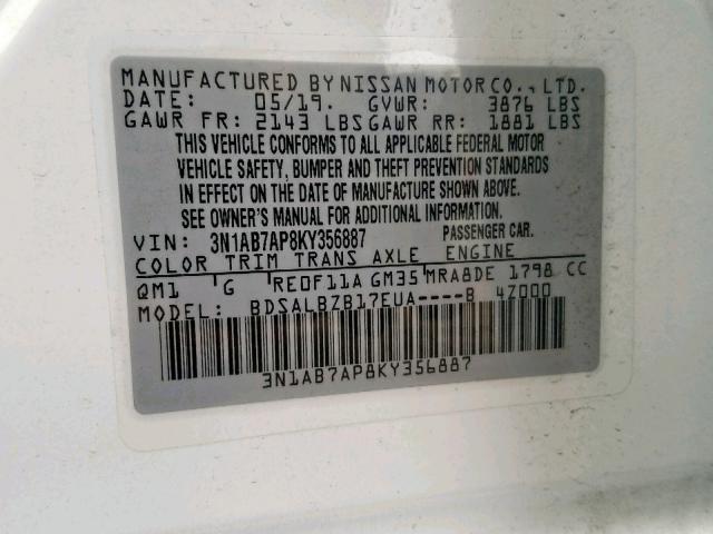 Photo 9 VIN: 3N1AB7AP8KY356887 - NISSAN SENTRA S 