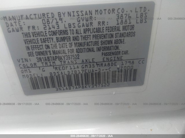 Photo 8 VIN: 3N1AB7AP8KY397522 - NISSAN SENTRA 