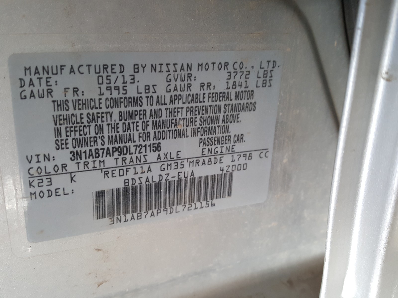 Photo 9 VIN: 3N1AB7AP9DL721156 - NISSAN SENTRA S 