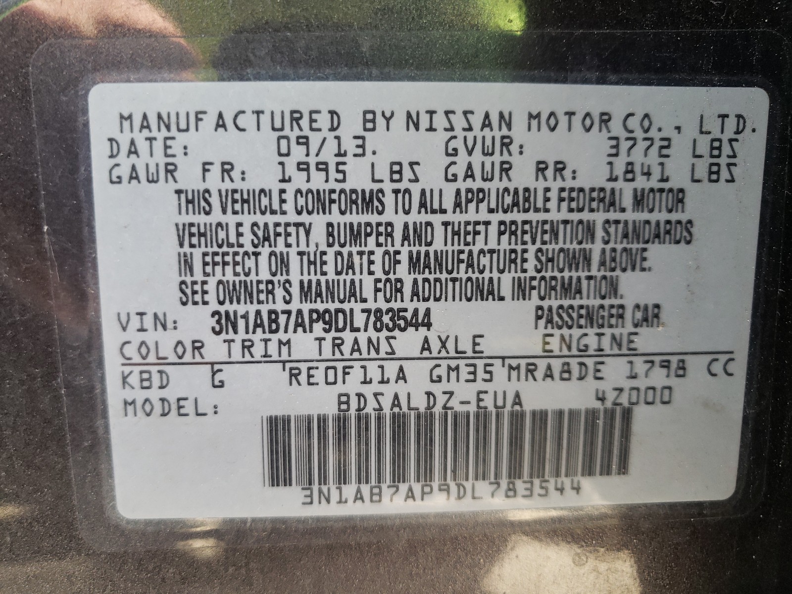 Photo 9 VIN: 3N1AB7AP9DL783544 - NISSAN SENTRA S 