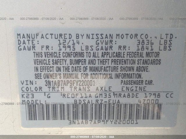 Photo 8 VIN: 3N1AB7AP9FY220001 - NISSAN SENTRA 