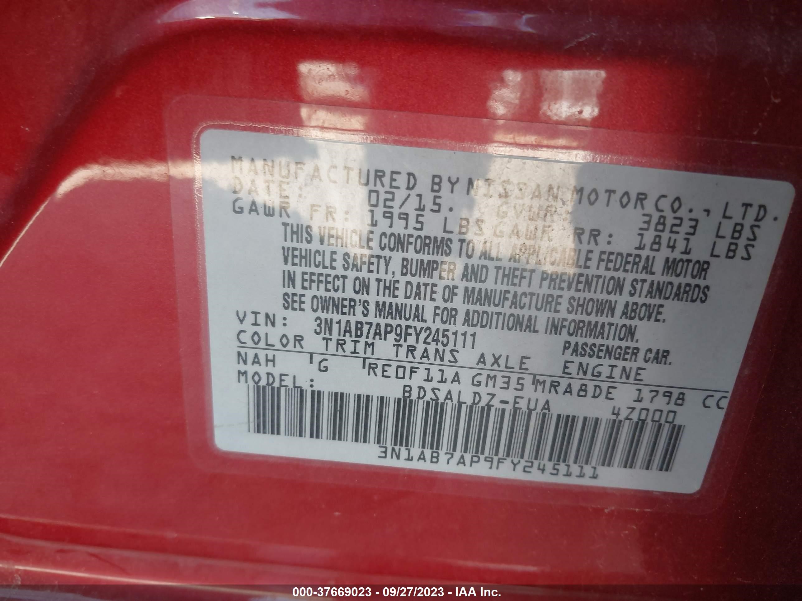 Photo 8 VIN: 3N1AB7AP9FY245111 - NISSAN SENTRA 